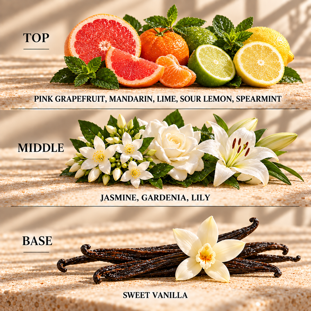 Top, middle and base scent notes for Grapefruit &amp; Vanilla fruity inspired wax melt by Smith &amp; Kennedy Scents