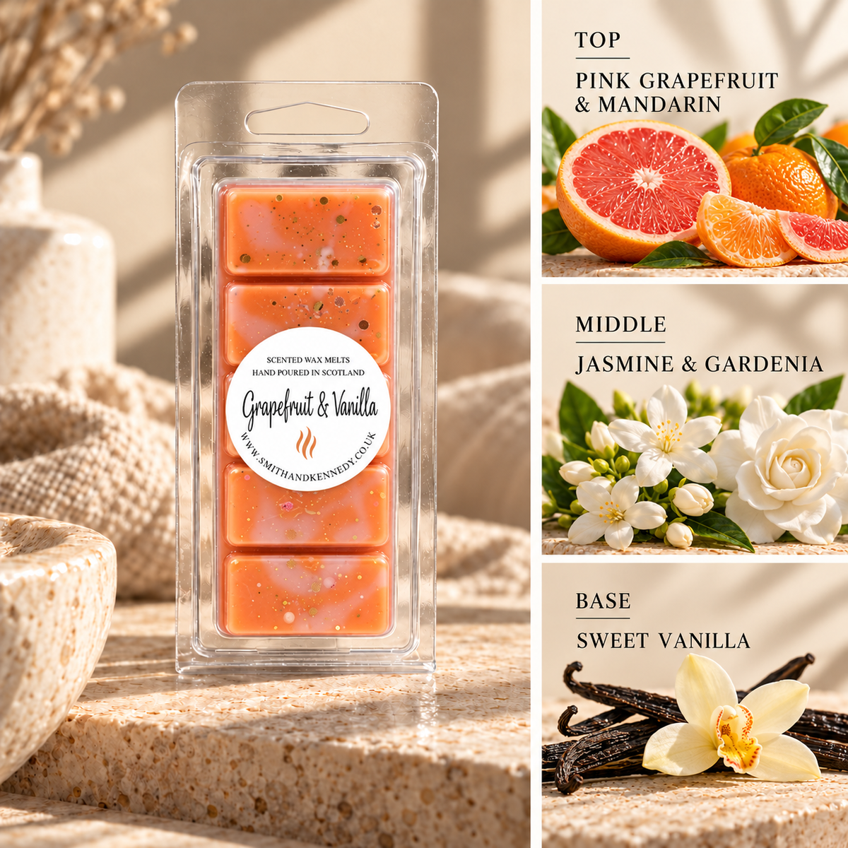 Grapefruit & Vanilla fruity inspired wax melt snap bar by Smith & Kennedy Scents