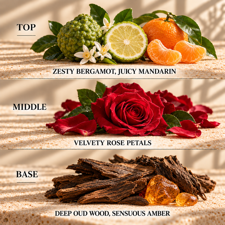 Top, middle and base scent notes for Halfeti perfume inspired wax melt by Smith &amp; Kennedy Scents