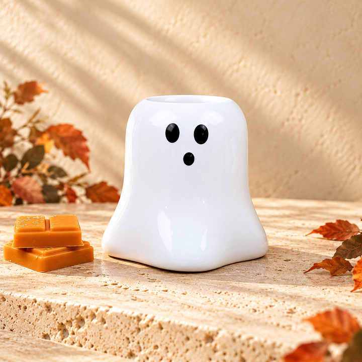 Gloss white Boo ghost Halloween wax melt burner with black oval eyes and round mouth, styled on warm stone with autumn leaves.