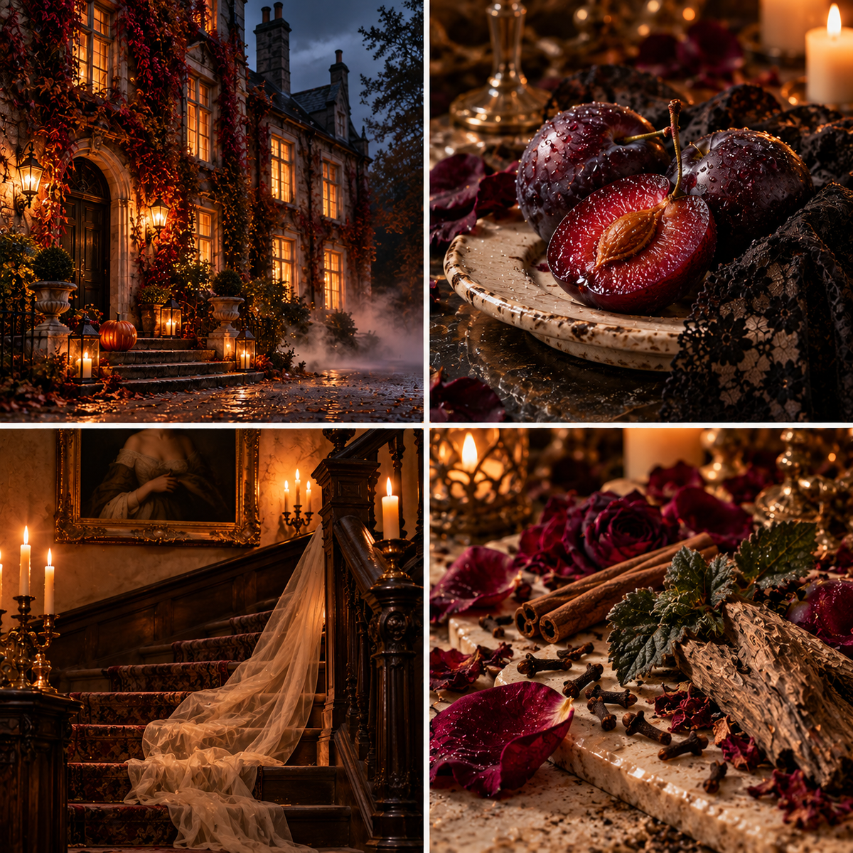 Four-panel Halloween mood board for Haunted House wax melts: a misty old house, ripe plums, candlelit staircase and floral spices with woods.