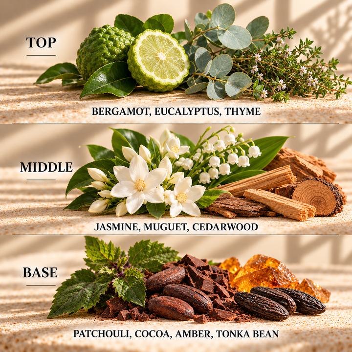 Top, middle and base scent notes for Himalayan Cedar &amp; Jasmine woody and floral scented wax melt by Smith &amp; Kennedy Scents
