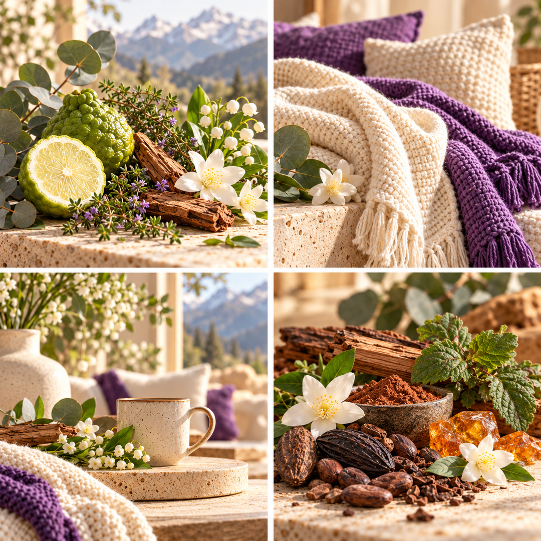 Himalayan Cedar &amp; Jasmine wax melt mood board with cedar, jasmine, purple knitwear and a mountain-view setting.