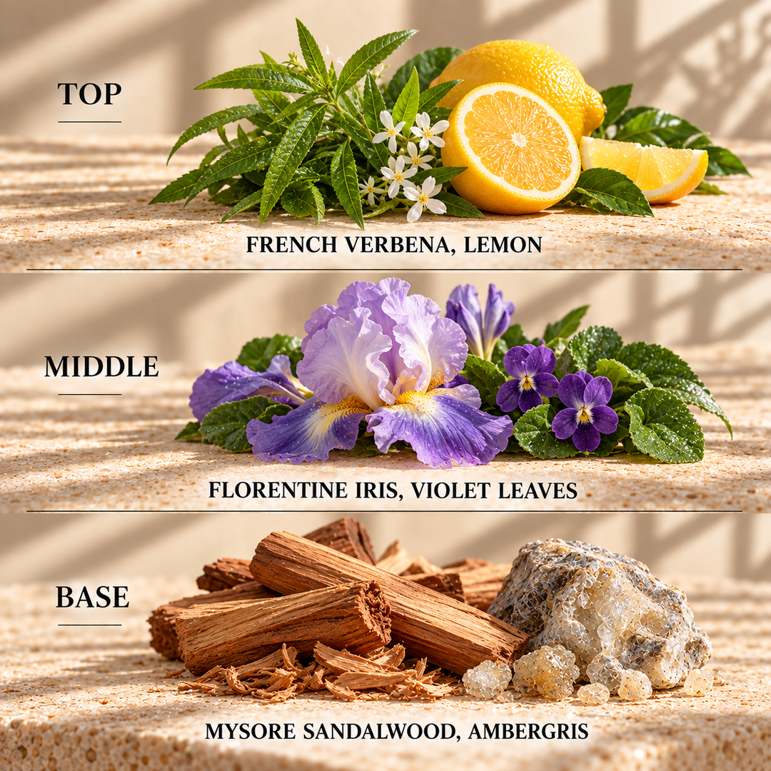 Top, middle and base scent notes for Irish Tweed aftershave inspired wax melt by Smith &amp; Kennedy Scents