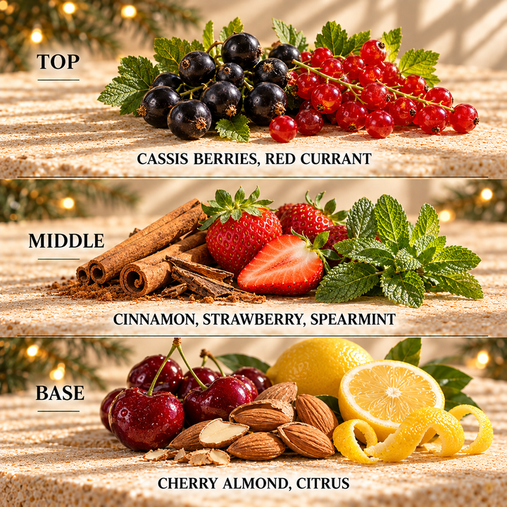 Jingle Bells fragrance notes: top Cassis Berries, Red Currant; middle Cinnamon, Strawberry, Spearmint; base Cherry Almond, Citrus