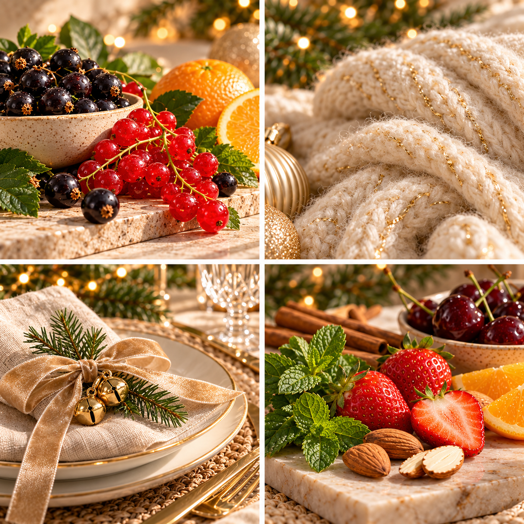 Jingle Bells Christmas wax melt mood board with winter currants, ivory knitwear, golden bells and a festive place setting.