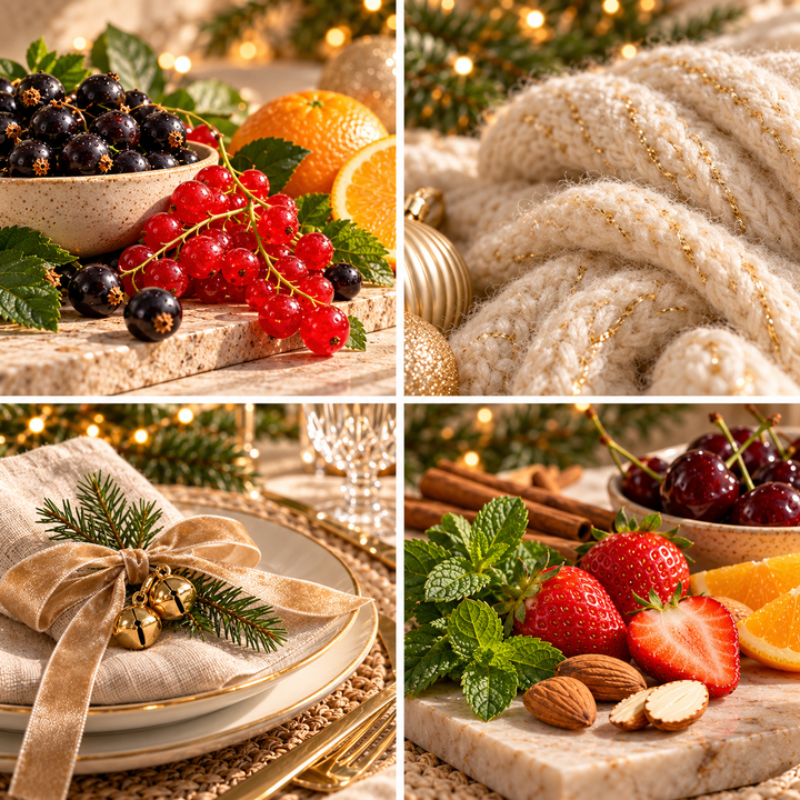 Jingle Bells Christmas wax melt mood board with winter currants, ivory knitwear, golden bells and a festive place setting.