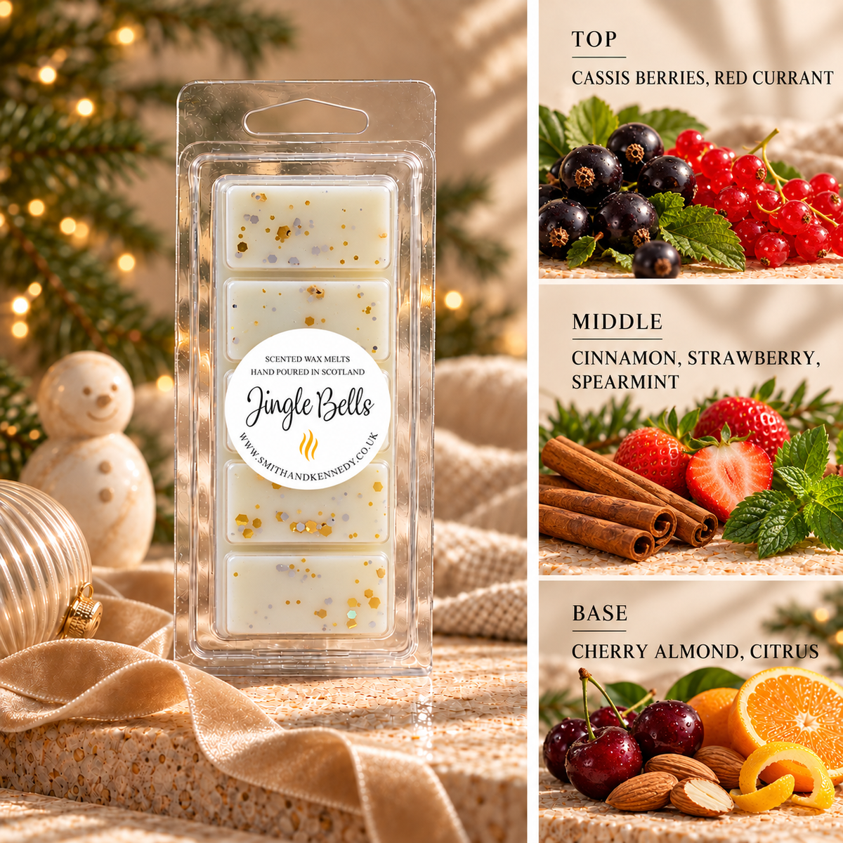 Jingle Bells Christmas wax melt snap bar by Smith & Kennedy Scents with festive styling and fragrance notes