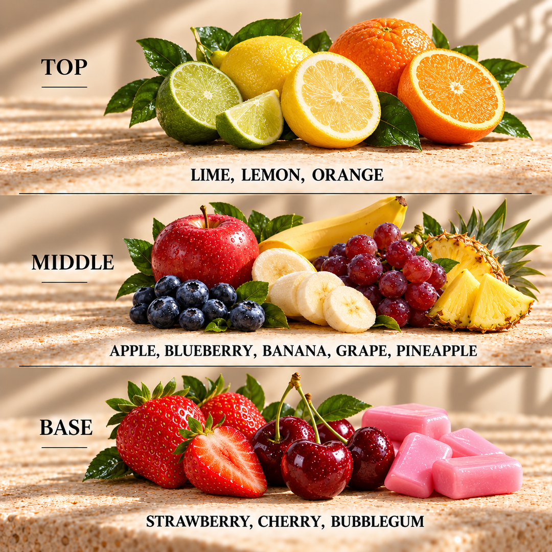 Top, middle and base scent notes for Juicy Fruit sweet inspired wax melt by Smith &amp; Kennedy Scents