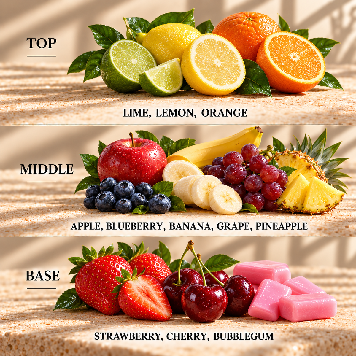 Top, middle and base scent notes for Juicy Fruit sweet inspired wax melt by Smith & Kennedy Scents