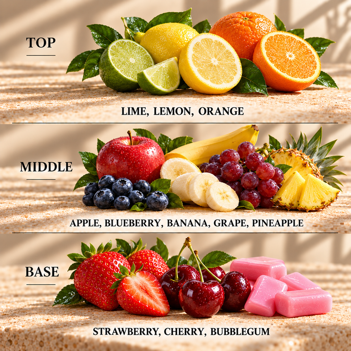 Top, middle and base scent notes for Juicy Fruit sweet inspired wax melt by Smith &amp; Kennedy Scents