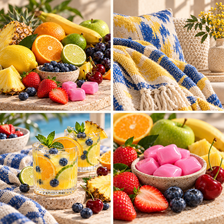 Juicy Fruit wax melt mood board with colourful fruit, pink chewing gum and blue and yellow textiles.