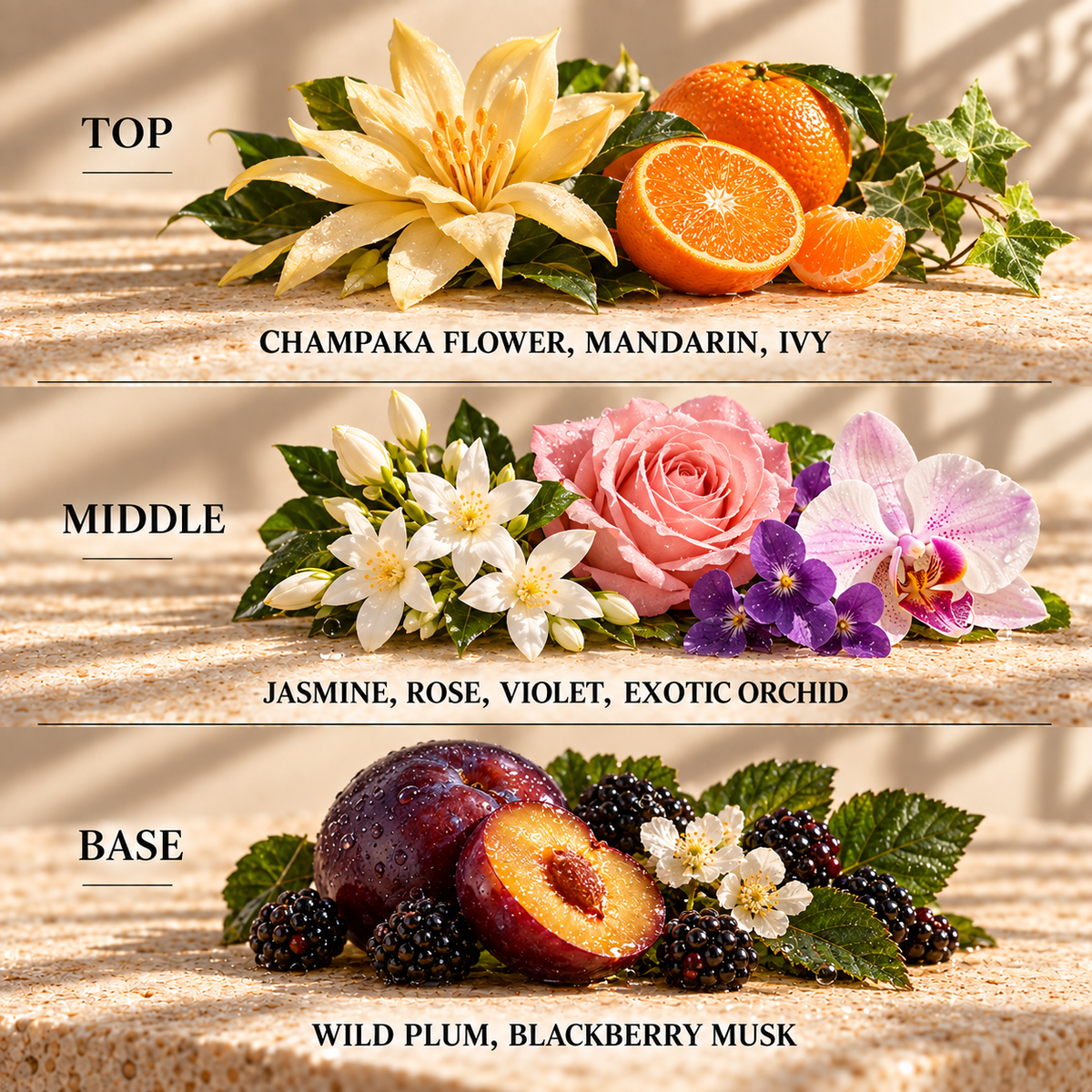 Top, middle and base scent notes for La J'adore perfume inspired wax melt by Smith & Kennedy Scents