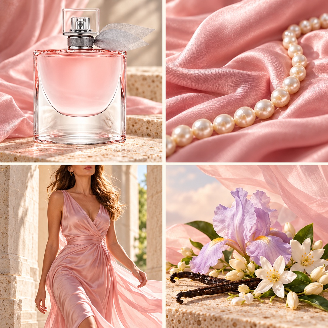 Four-panel mood board for La Vie Est Belle perfume-inspired wax melts: pink glass bottle, silk and pearls, feminine fashion and iris with jasmine and vanilla.