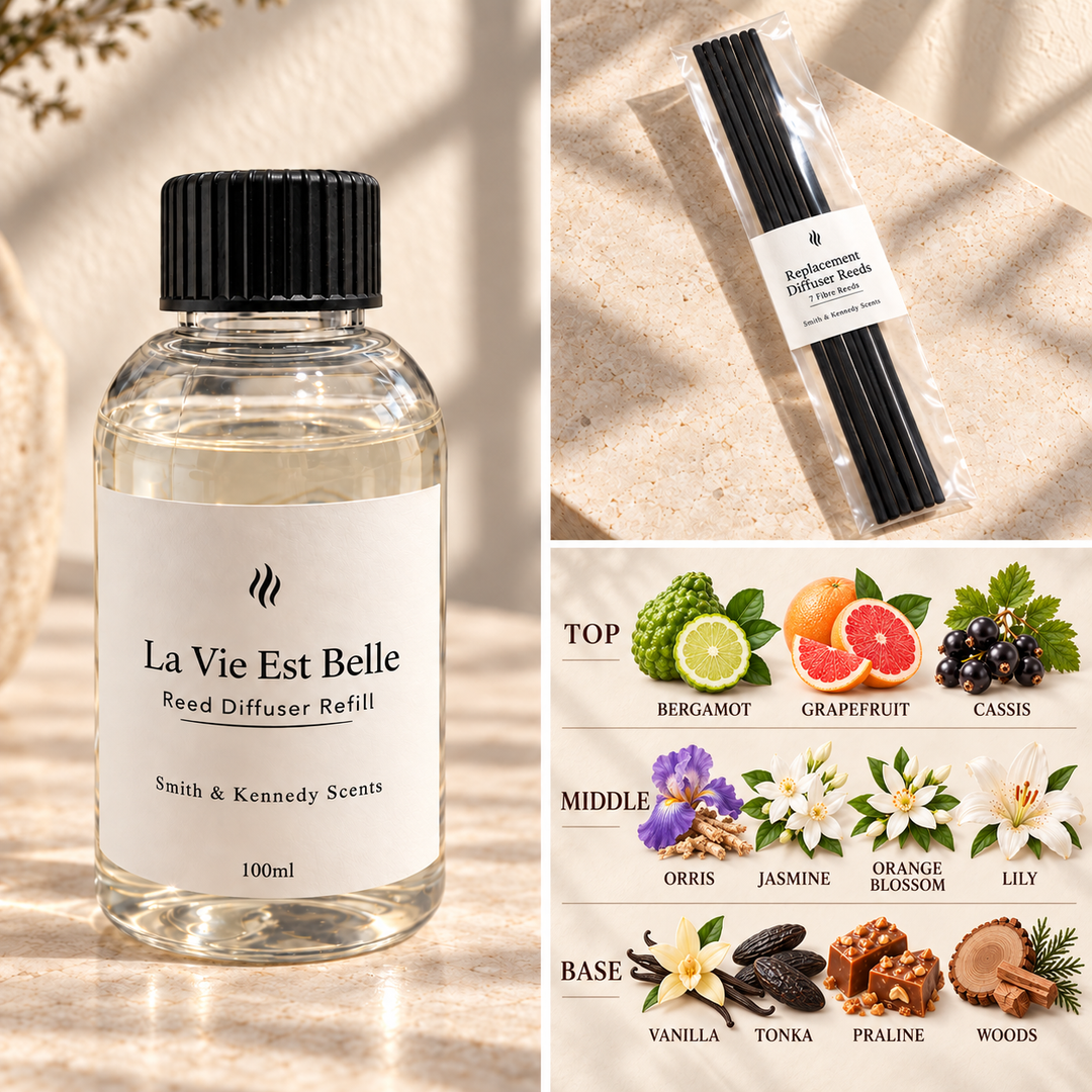 La Vie Est Belle 100ml reed diffuser refill bottle, included pack of 7 fibre reeds and fragrance notes