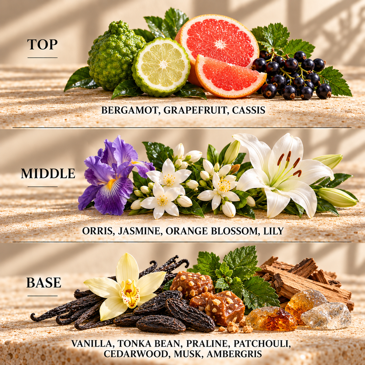 Top, middle and base scent notes for La Vie Est Belle perfume inspired wax melt by Smith & Kennedy Scents