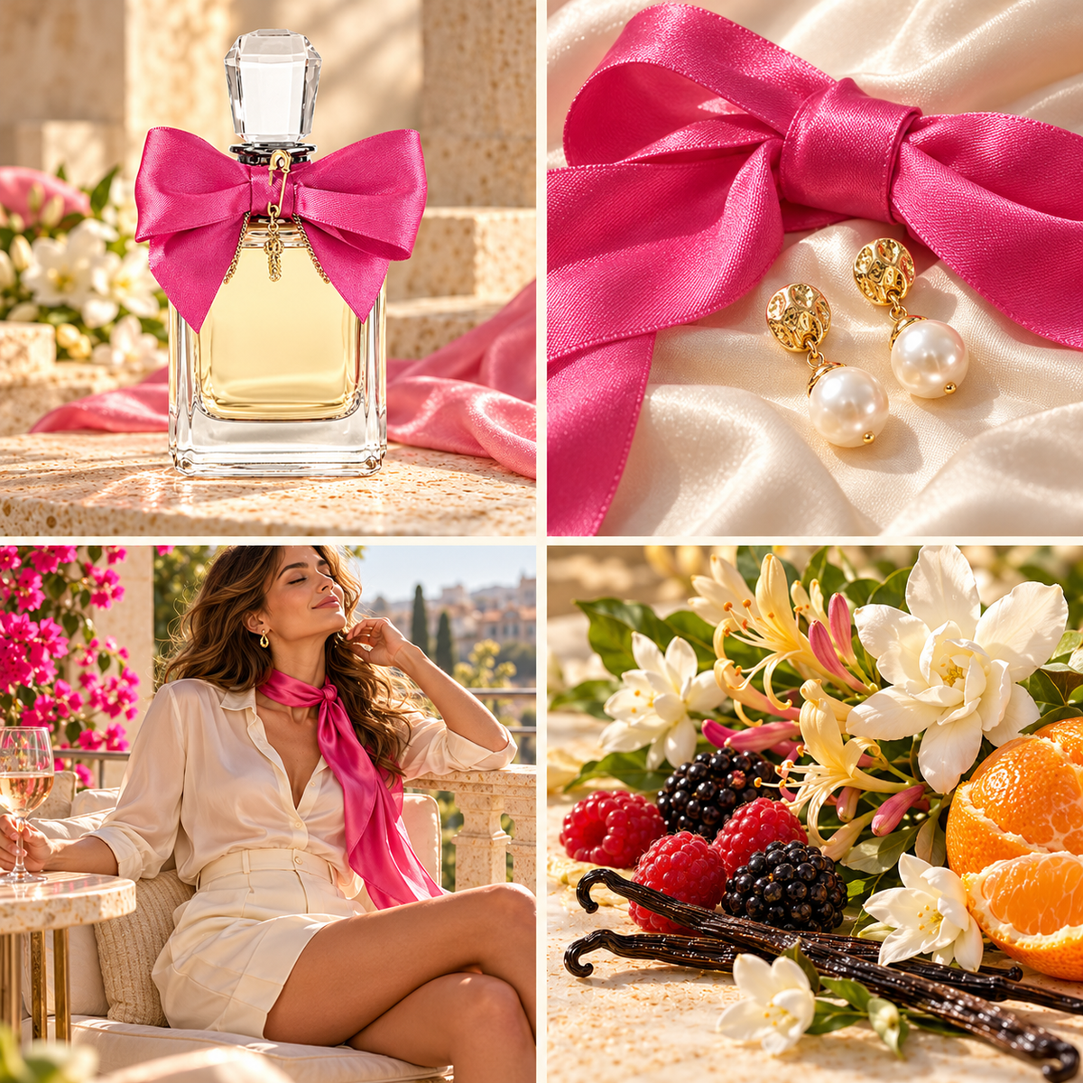 Four-panel mood board for La Viva Juicy perfume-inspired wax melts: bow-tied bottle, pink satin and pearls, balcony fashion and berries with white florals.