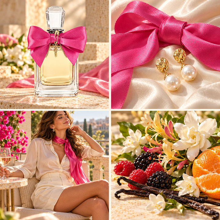 Four-panel mood board for La Viva Juicy perfume-inspired wax melts: bow-tied bottle, pink satin and pearls, balcony fashion and berries with white florals.