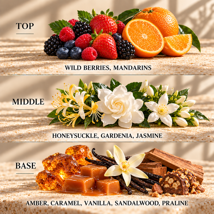 Top, middle and base scent notes for La Viva Juicy perfume inspired wax melt by Smith &amp; Kennedy Scents
