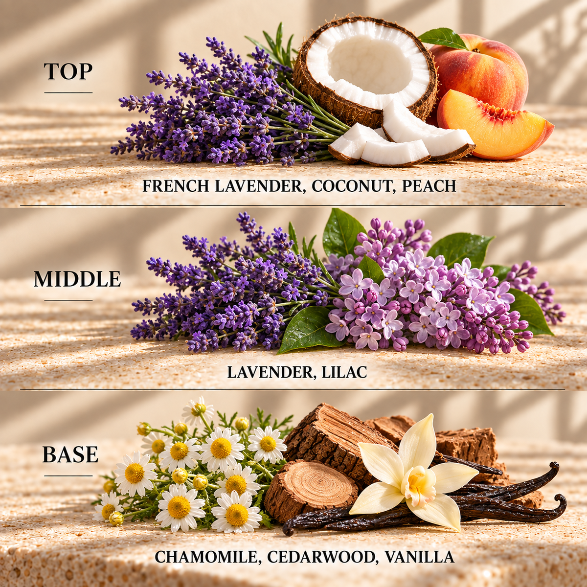 Top, middle and base scent notes for Lavender, Chamomile & Vanilla spa inspired wax melt by Smith & Kennedy Scents