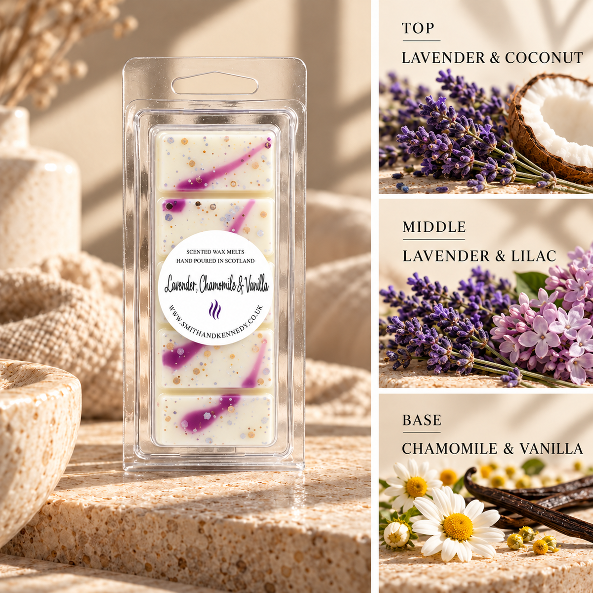 Lavender, Chamomile & Vanilla spa inspired wax melt snap bar by Smith & Kennedy Scents
