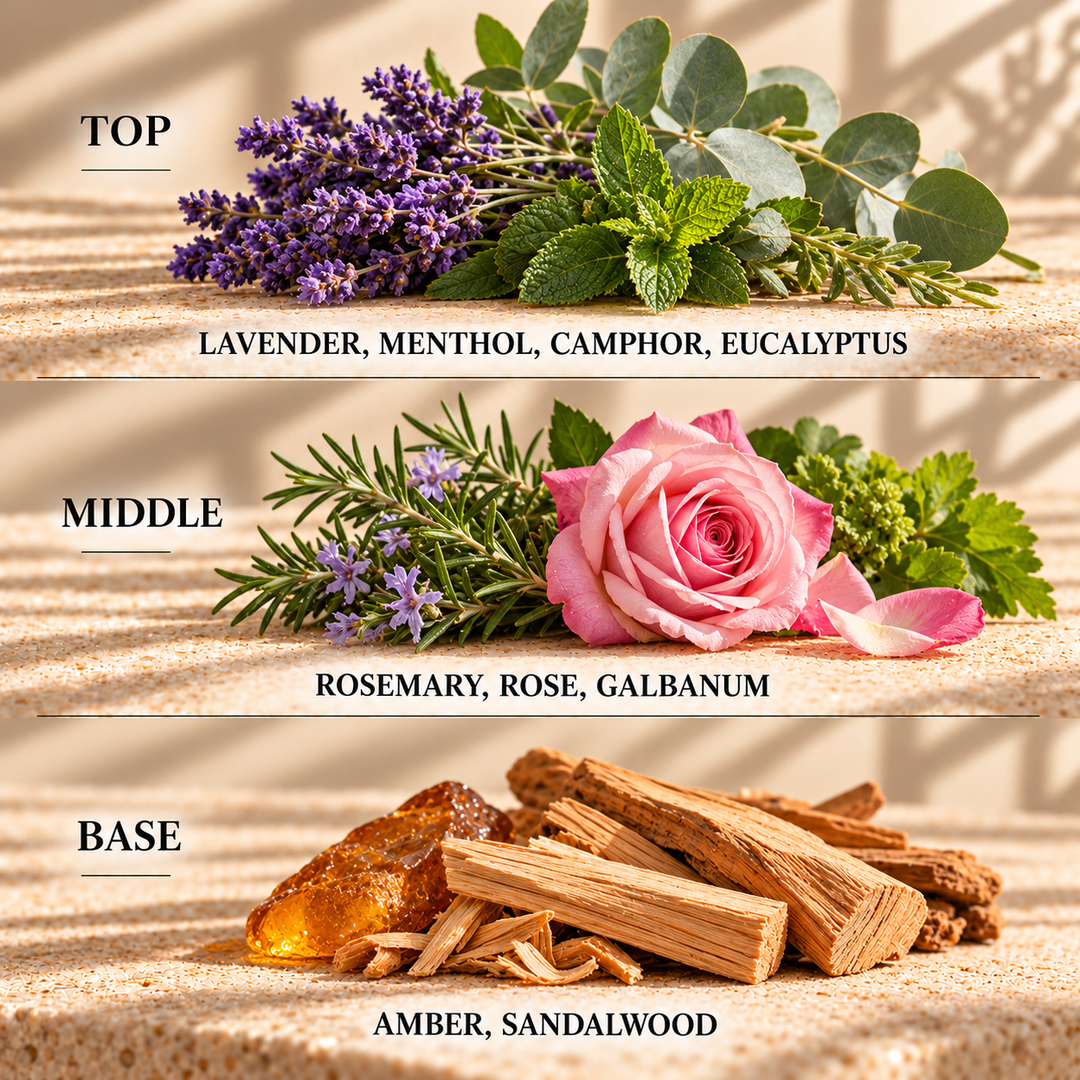 Top, middle and base scent notes for Lavender Rose &amp; Sandalwood spa inspired wax melt by Smith &amp; Kennedy Scents