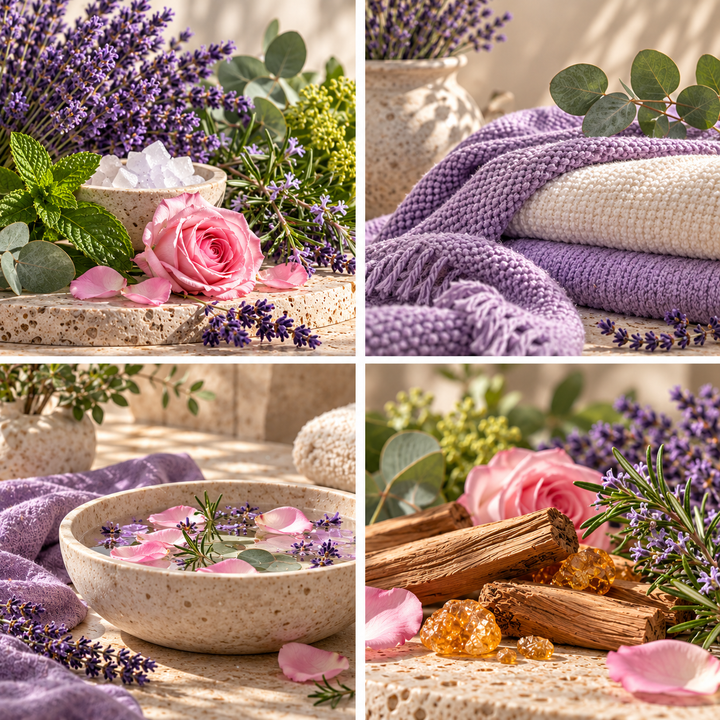 Lavender Rose &amp; Sandalwood wax melt mood board with lavender, roses, lilac towels and sandalwood.