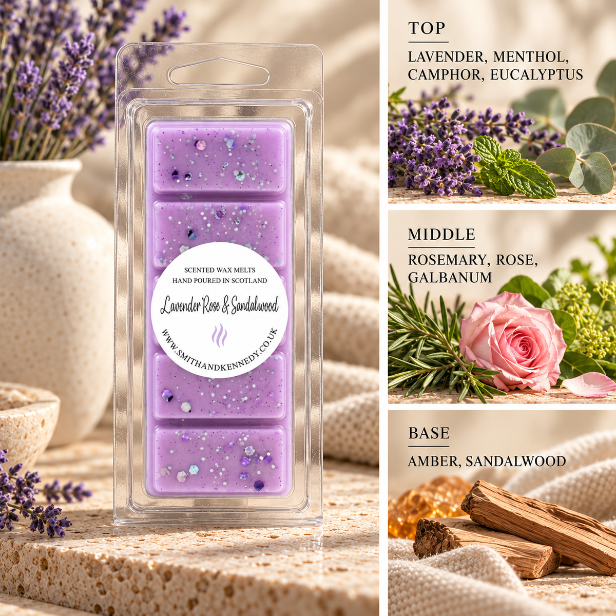 Lavender Rose & Sandalwood spa inspired wax melt snap bar by Smith & Kennedy Scents