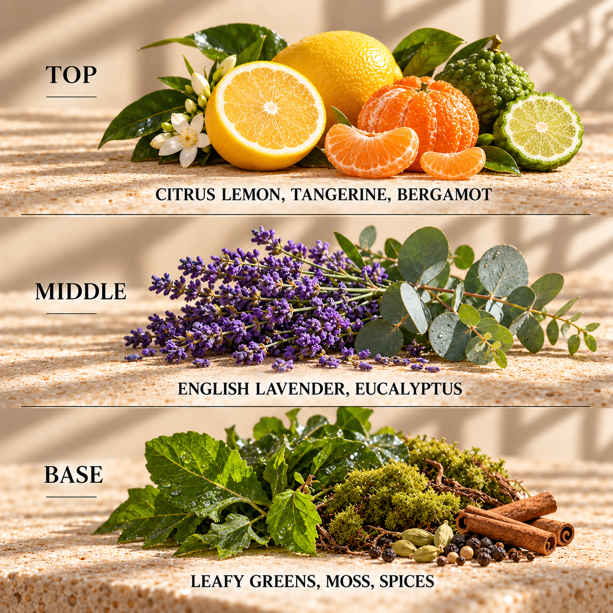 Top, middle and base scent notes for Lemon & Lavender spa inspired wax melt by Smith & Kennedy Scents