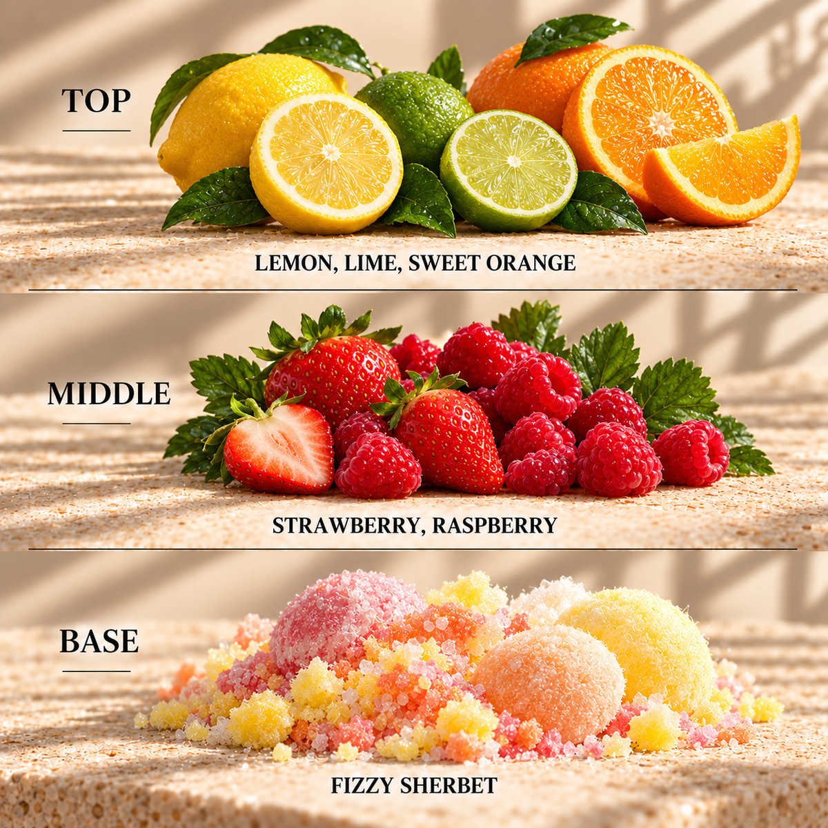Top, middle and base scent notes for Lemon Sherbet sweet inspired wax melt by Smith & Kennedy Scents