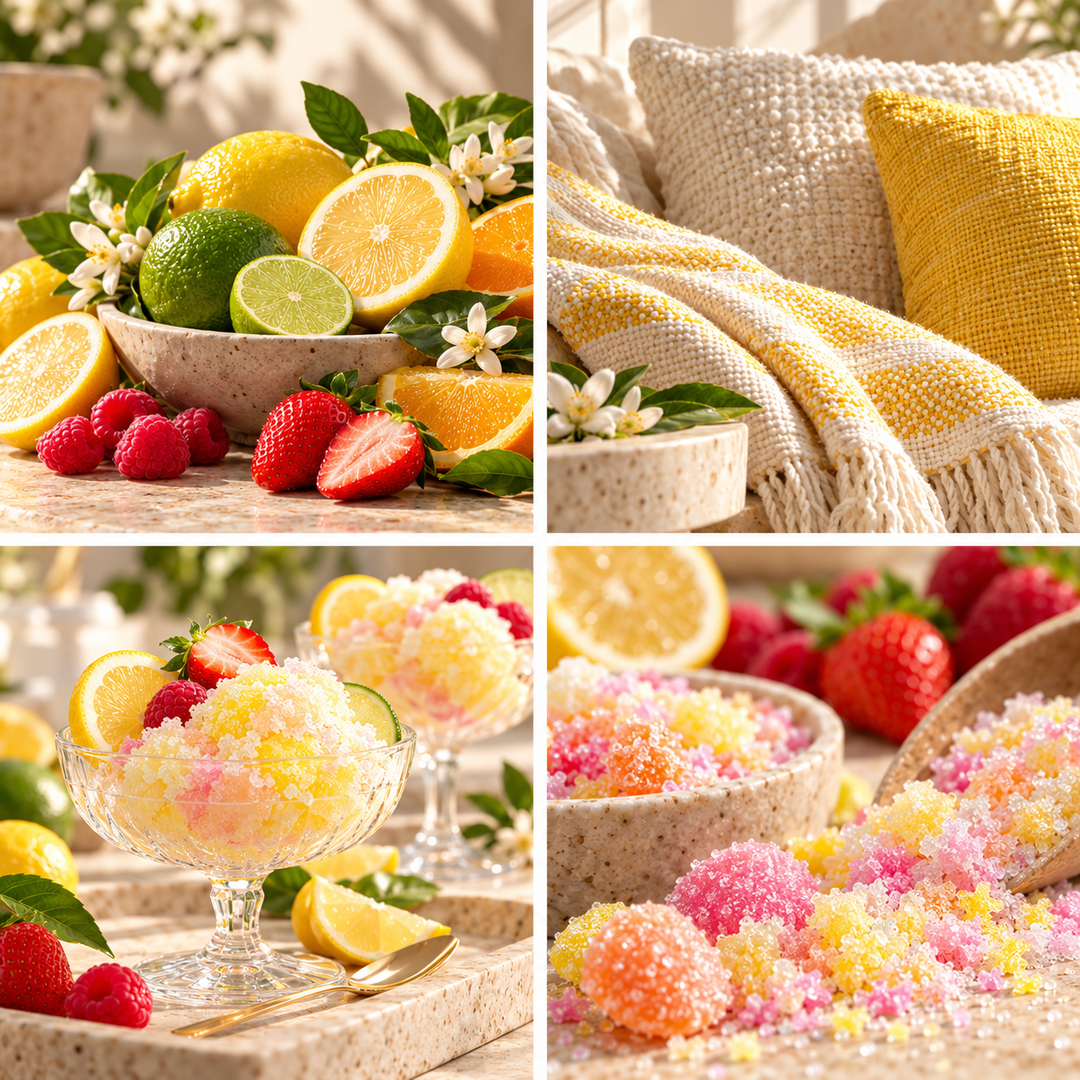 Lemon Sherbet wax melt mood board with citrus, yellow knitwear and colourful sherbet.