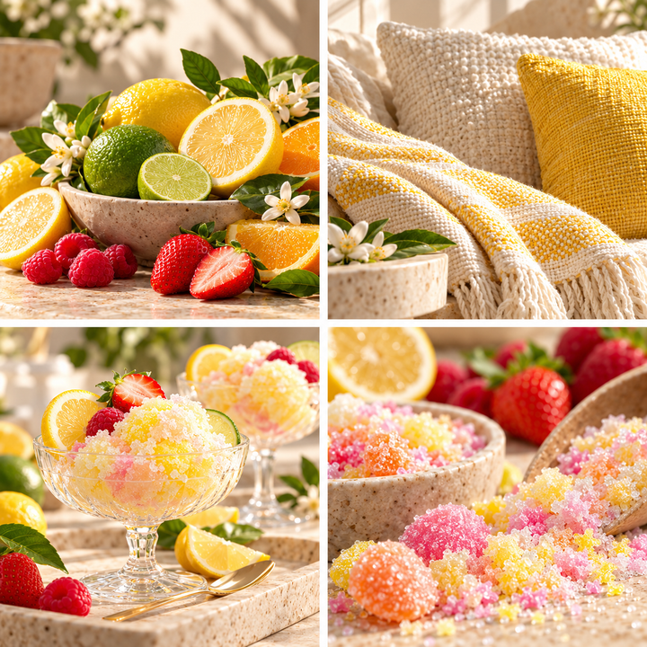 Lemon Sherbet wax melt mood board with citrus, yellow knitwear and colourful sherbet.