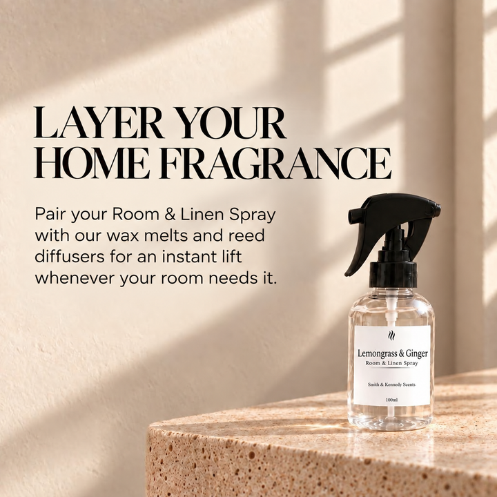Layer your home fragrance with Lemongrass &amp; Ginger Room &amp; Linen Spray, wax melts and reed diffusers