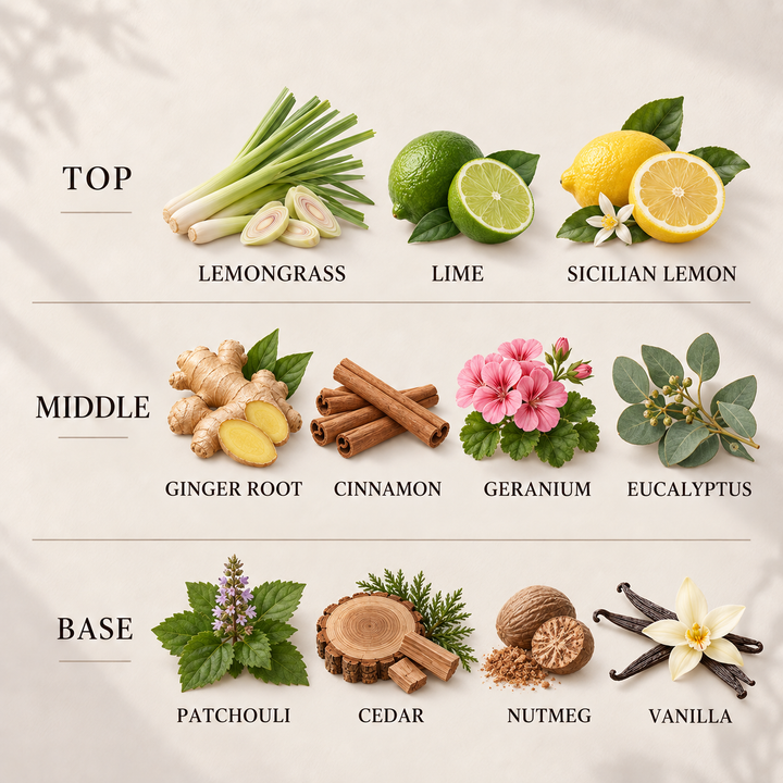 Lemongrass &amp; Ginger Room &amp; Linen Spray fragrance notes: top, middle and base