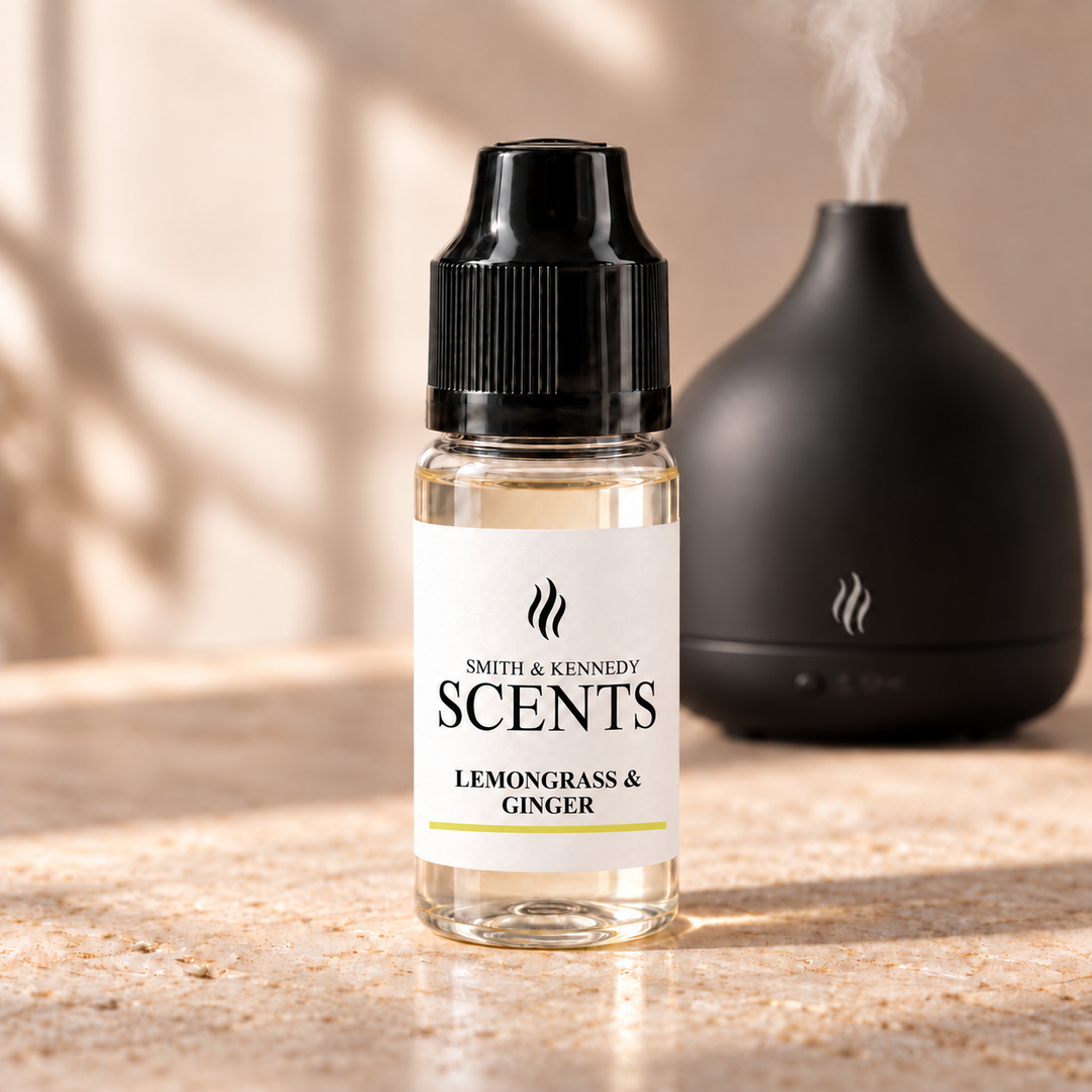 Lemongrass &amp; Ginger 10ml aroma diffuser oil in a clear plastic bottle with black cap, beside an electric diffuser