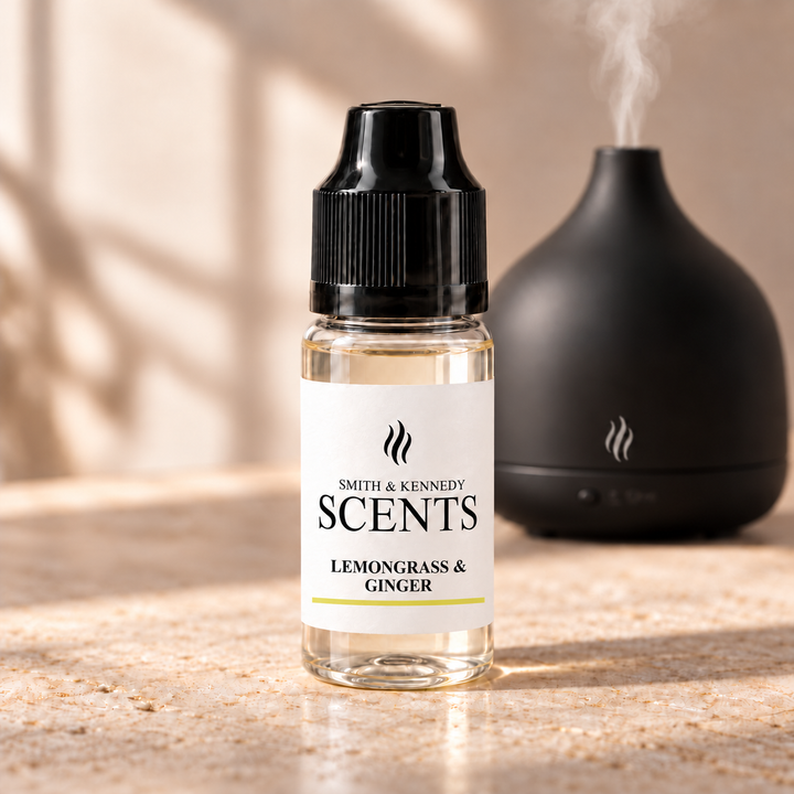 Lemongrass &amp; Ginger 10ml aroma diffuser oil in a clear plastic bottle with black cap, beside an electric diffuser