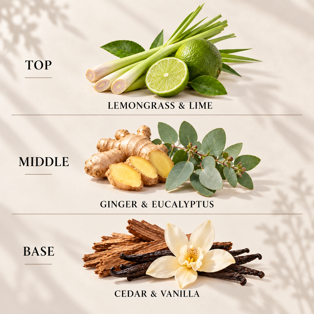Lemongrass &amp; Ginger reed diffuser refill top, middle and base fragrance notes