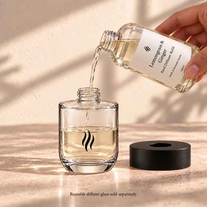 Lemongrass &amp; Ginger reed diffuser refill poured into reusable SKS glass. Glass sold separately; refill includes seven fibre reeds.