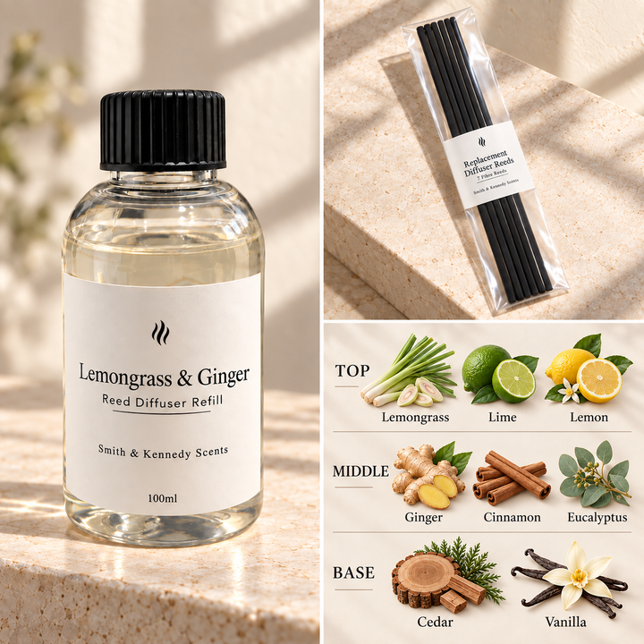 Lemongrass &amp; Ginger 100ml reed diffuser refill bottle, included pack of 7 fibre reeds and fragrance notes