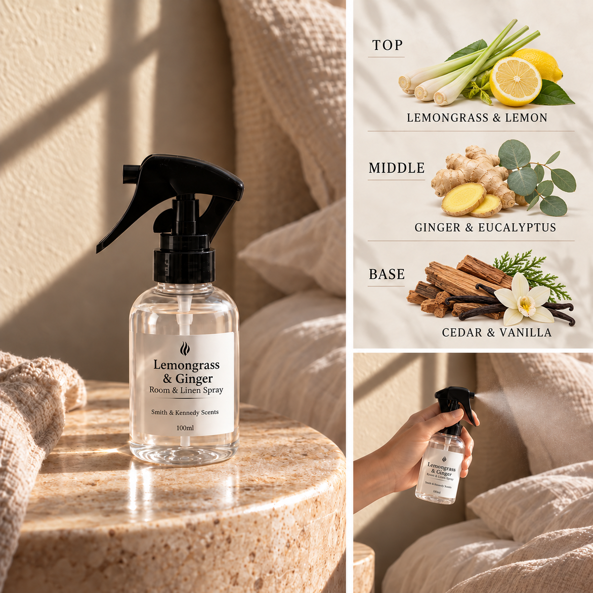 Lemongrass & Ginger Room & Linen Spray with lemon, ginger, eucalyptus, cedar and vanilla notes