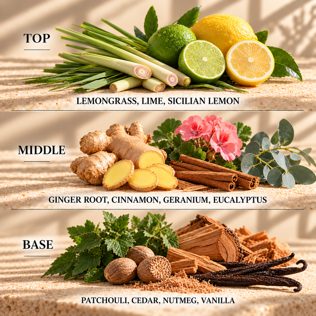 Lemongrass &amp; Ginger aroma diffuser oil top, heart and base fragrance notes