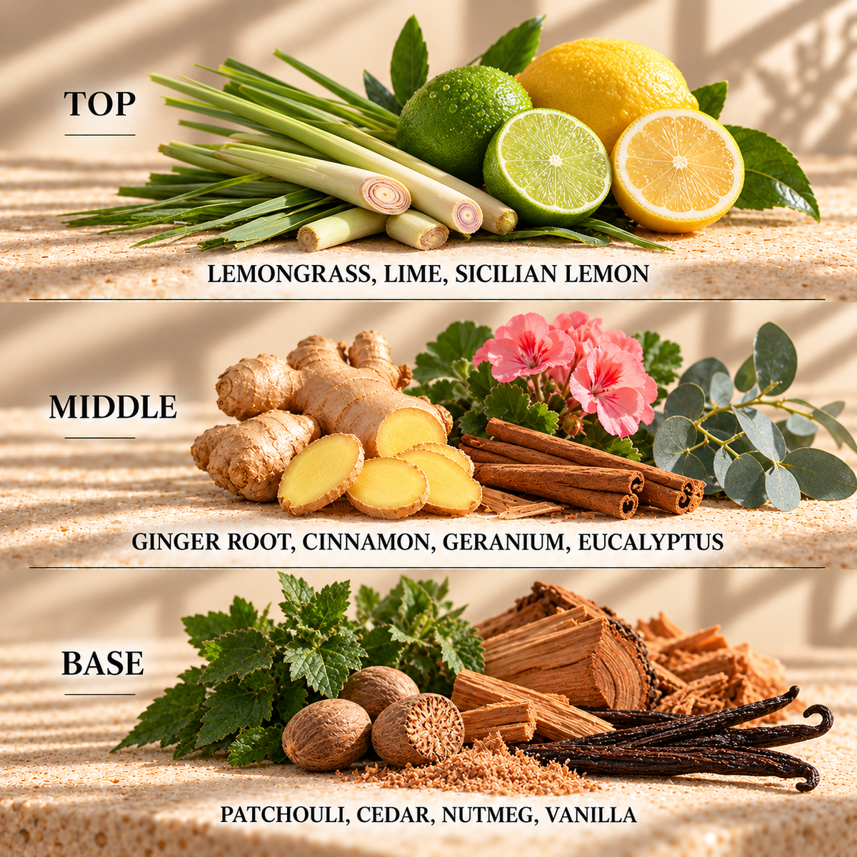 Top, middle and base scent notes for Lemongrass & Ginger citrus scented wax melt by Smith & Kennedy Scents