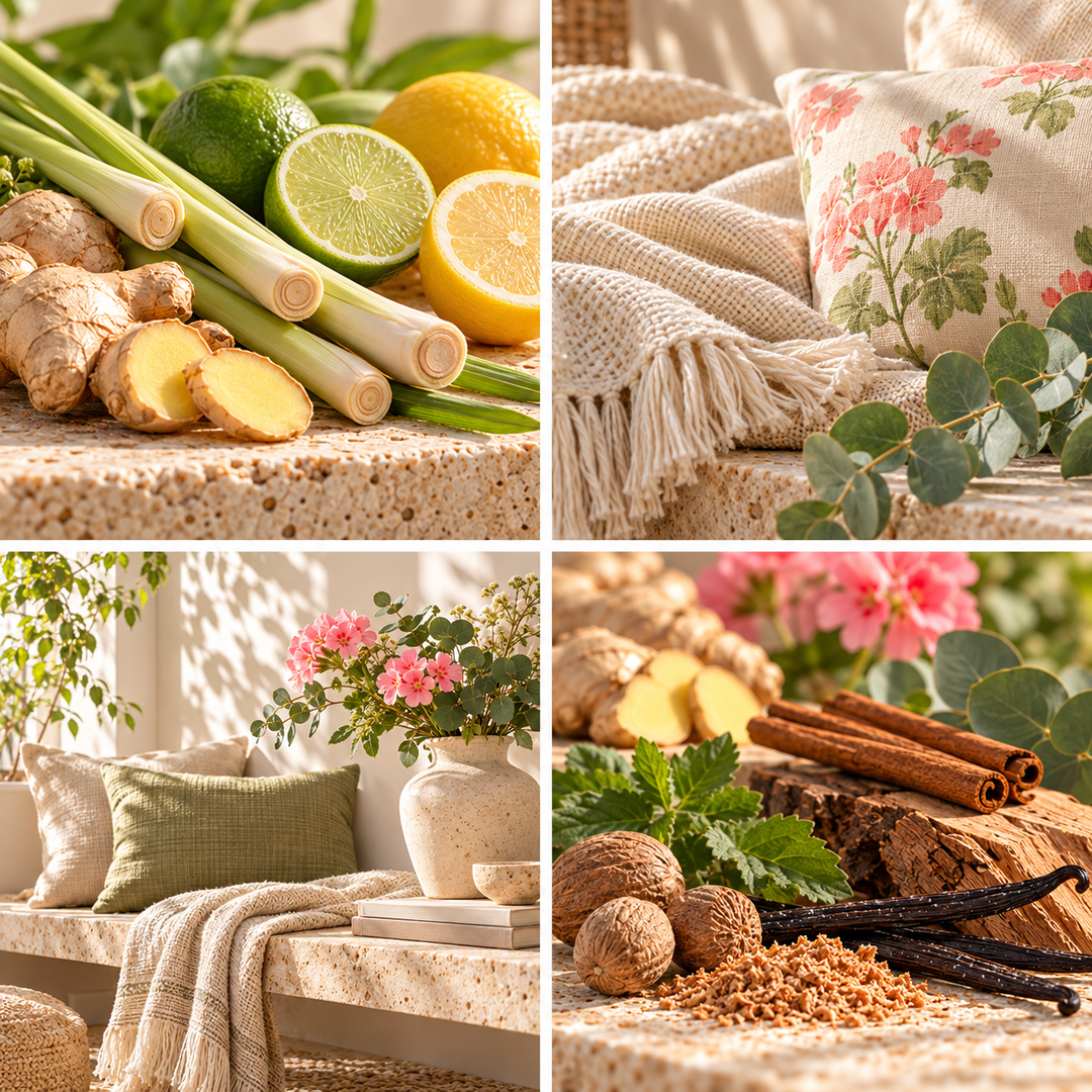 Lemongrass &amp; Ginger scent moodboard with four photographs, cosy home textures and fragrance ingredients