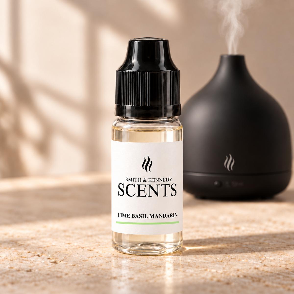 Lime Basil & Mandarin aroma oil in 10ml plastic bottle with electric diffuser