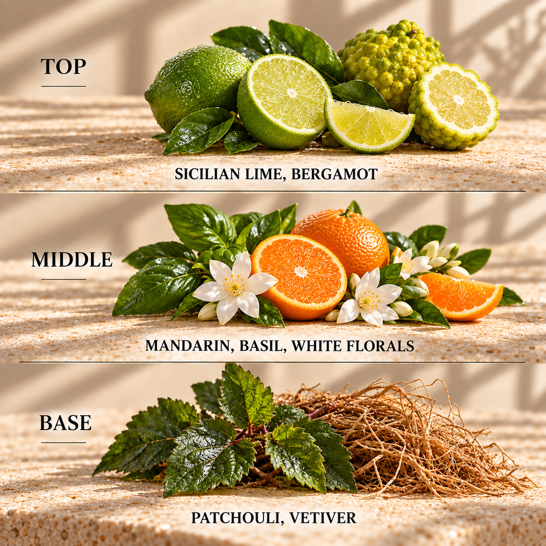 Top, middle and base scent notes for Lime Basil &amp; Mandarin citrus scented wax melt by Smith &amp; Kennedy Scents