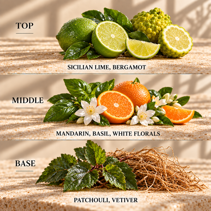 Top, middle and base scent notes for Lime Basil &amp; Mandarin citrus scented wax melt by Smith &amp; Kennedy Scents
