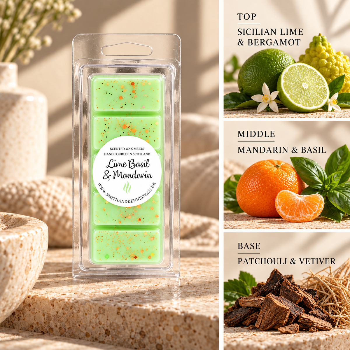 Lime Basil & Mandarin citrus scented wax melt snap bar by Smith & Kennedy Scents