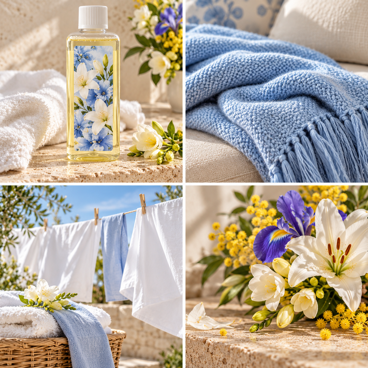 Linen Fresh wax melt mood board with a slender cleaner bottle, blue linen and fresh flowers.