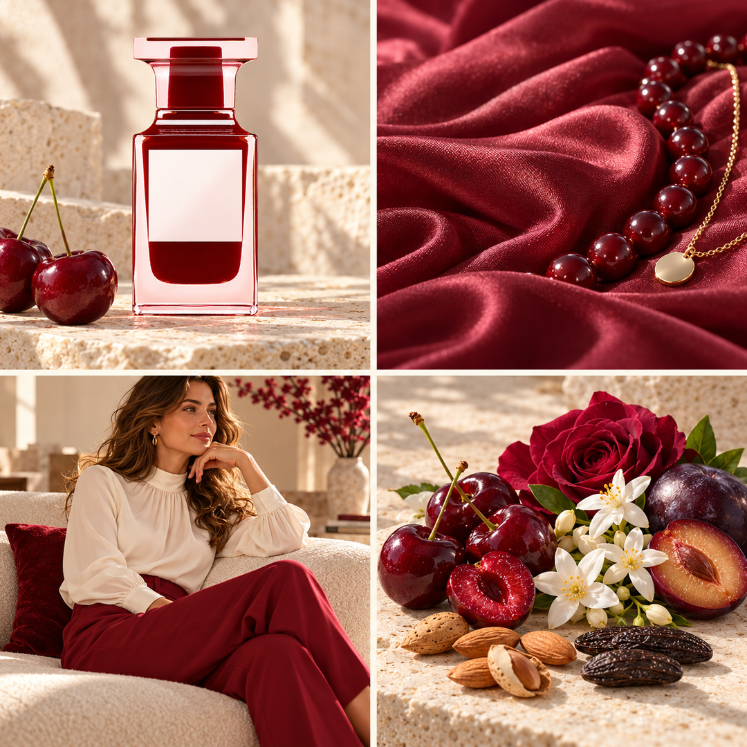 Four-panel mood board for Lost Cherry perfume-inspired wax melts: red glass bottle, cherry-coloured silk and jewellery, ivory and red tailoring and cherries with almonds.