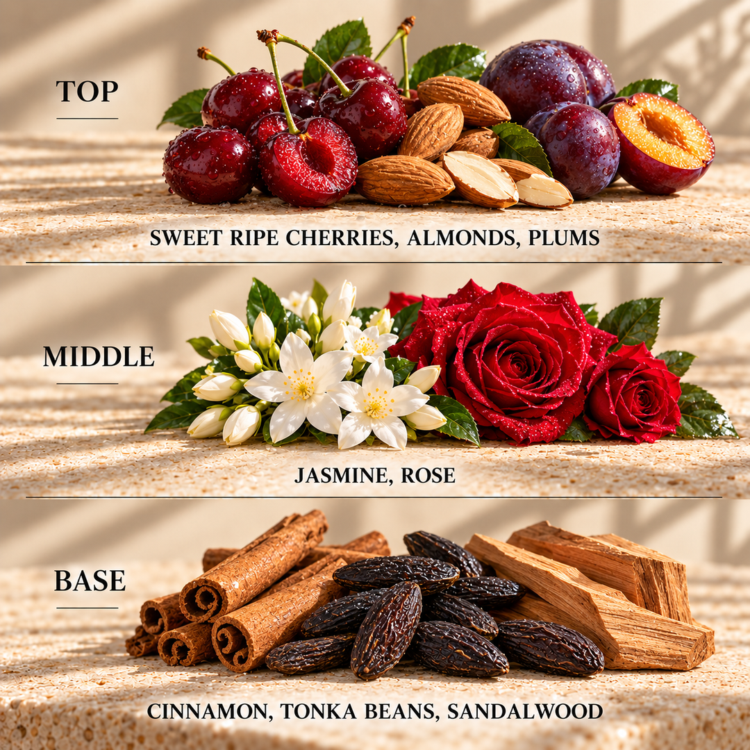 Top, middle and base scent notes for Lost Cherry perfume inspired wax melt by Smith &amp; Kennedy Scents
